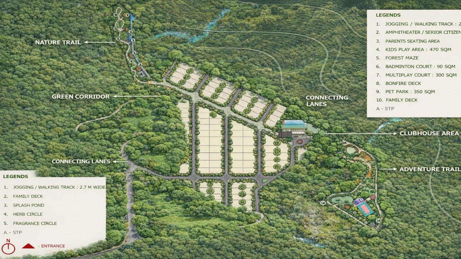 Master plan: residential plots set within forest, with nature trail, green corridor and connecting lanes